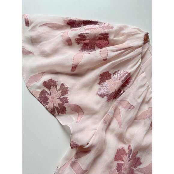 REBECCA TAYLOR Pink Metallic Floral Silk Georgette Flutter Sleeve Blouse, Size M - Picture 9 of 15